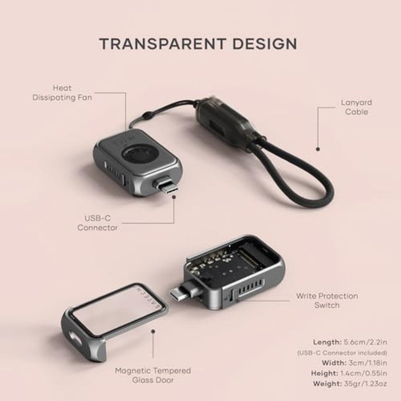 حاوية Mini M.2 NVMe SSD للاستخدام المحمول، سبائك الألومنيوم، أسود، سرعة نقل 10 جيجابت في الثانية مع تبريد تلقائي نشط وتصميم USB-C، يدعم 2230 محرك أقراص بسعة تصل إلى 2 تيرابايت - Image 5