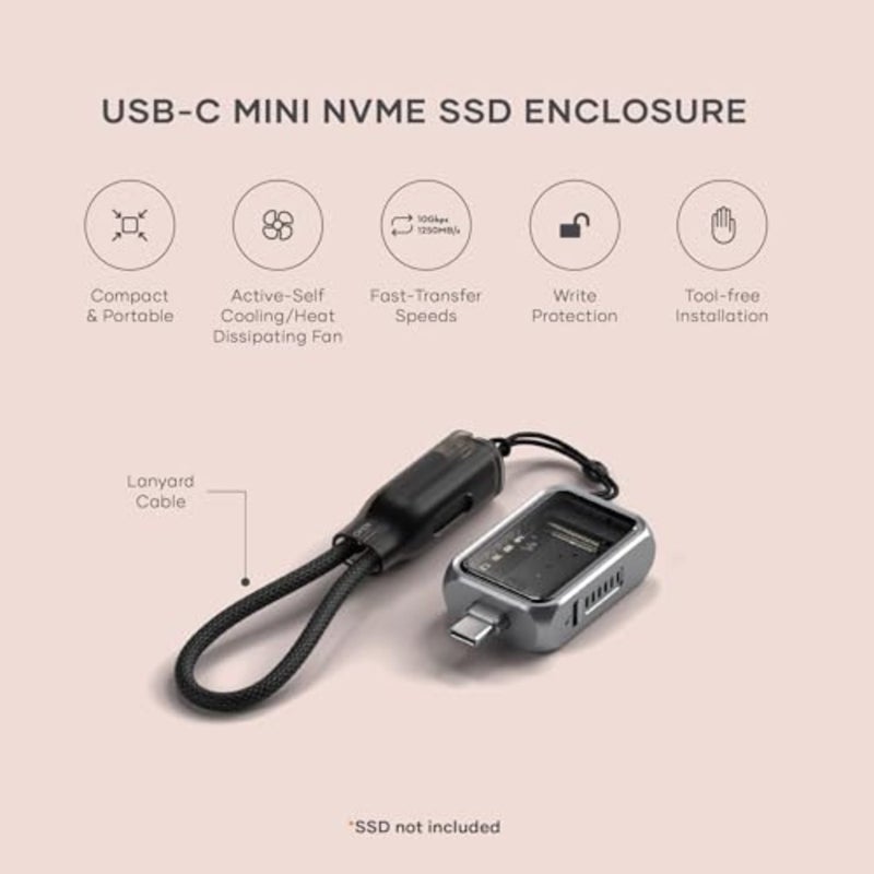 حاوية Mini M.2 NVMe SSD للاستخدام المحمول، سبائك الألومنيوم، أسود، سرعة نقل 10 جيجابت في الثانية مع تبريد تلقائي نشط وتصميم USB-C، يدعم 2230 محرك أقراص بسعة تصل إلى 2 تيرابايت - Image 2