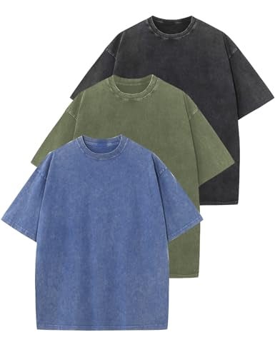 Arssm 3 Pack Men Oversized T Shirts Vintage Tee Loose Fit Short Sleeve Casual Streetwear Baggy Washed Unisex TopsBlackBlueArmyXL - Image 1
