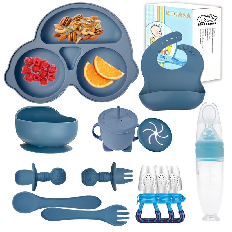 MIICASA Silicone Baby Feeding Set,Miicasa Baby Led Weaning Supplies Kit With Suction Bowl & Car Plate, Bib, Spoon, Fork, Cup - Food-Grade Silicone, Dishwasher-Safe, No BPAs - For 3+ Months - Image 1