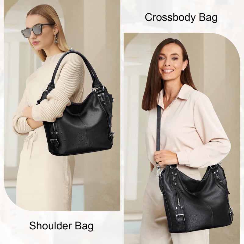 Over Earth Genuine Leather Handbags for Women Hobo Shoulder Bags Ladies Tote Bag(O172E Black) - Image 2