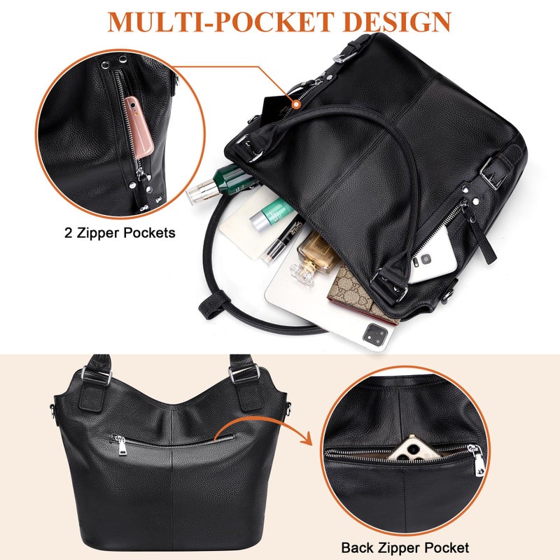 Over Earth Genuine Leather Handbags for Women Hobo Shoulder Bags Ladies Tote Bag(O172E Black) - Image 4