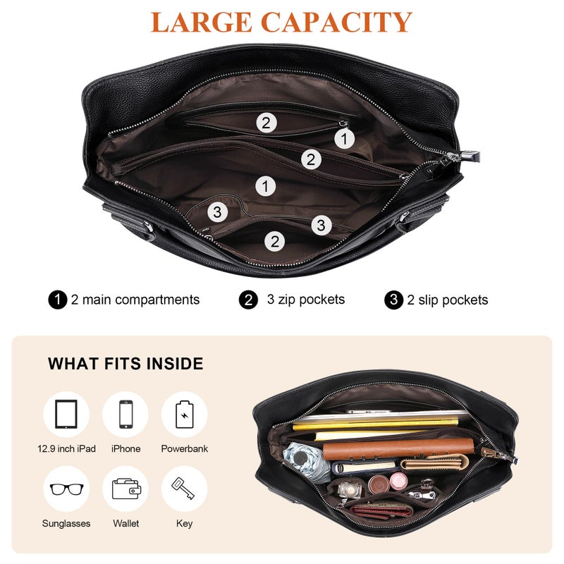 Over Earth Genuine Leather Handbags for Women Hobo Shoulder Bags Ladies Tote Bag(O172E Black) - Image 5
