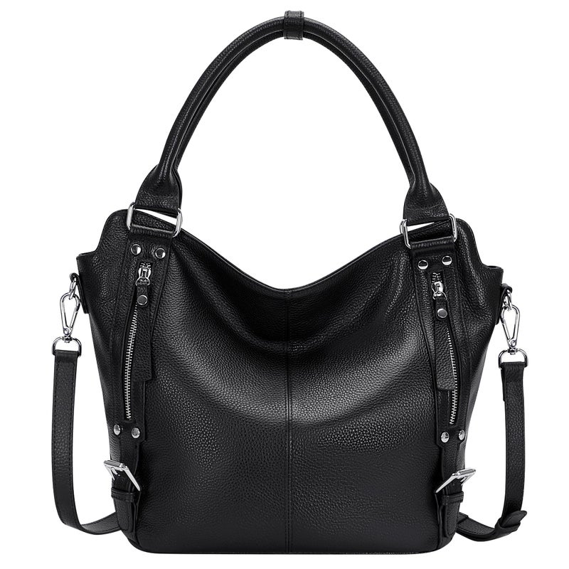 Over Earth Genuine Leather Handbags for Women Hobo Shoulder Bags Ladies Tote Bag(O172E Black) - Image 1