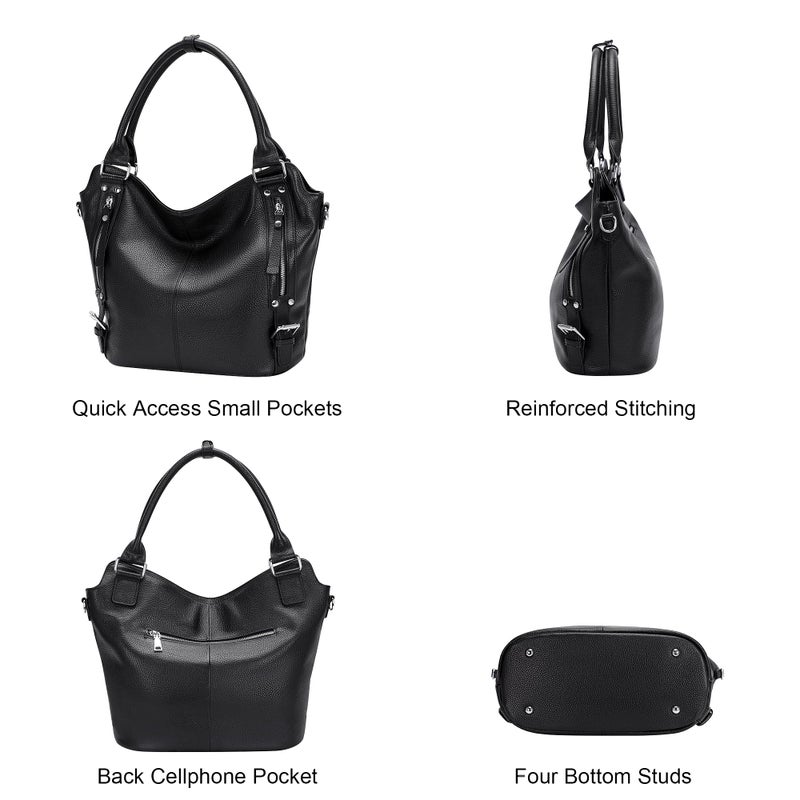 Over Earth Genuine Leather Handbags for Women Hobo Shoulder Bags Ladies Tote Bag(O172E Black) - Image 3