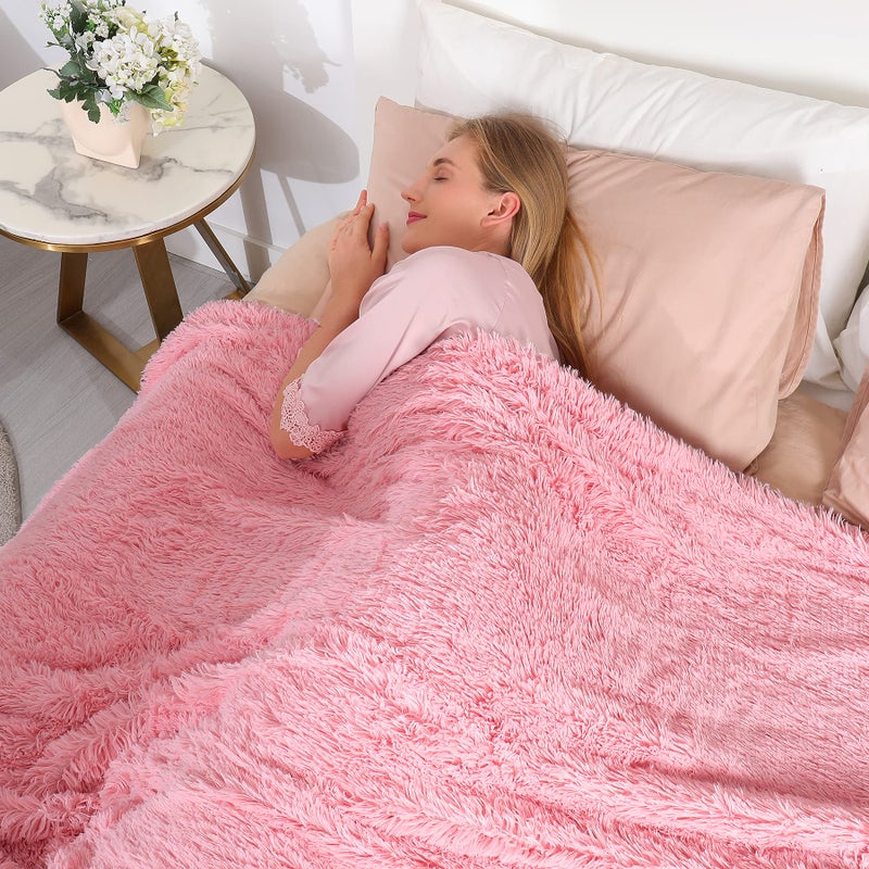 Tuddrom Decorative Extra Soft Faux Fur Blanket Twin Size 70"" x 78"" Solid Reversible Fuzzy Long Hair Shaggy Blanket Fluffy Cozy Plush Fleece Comfy Microfiber Fur Blanket for Couch Sofa Bed Pink - Image 4