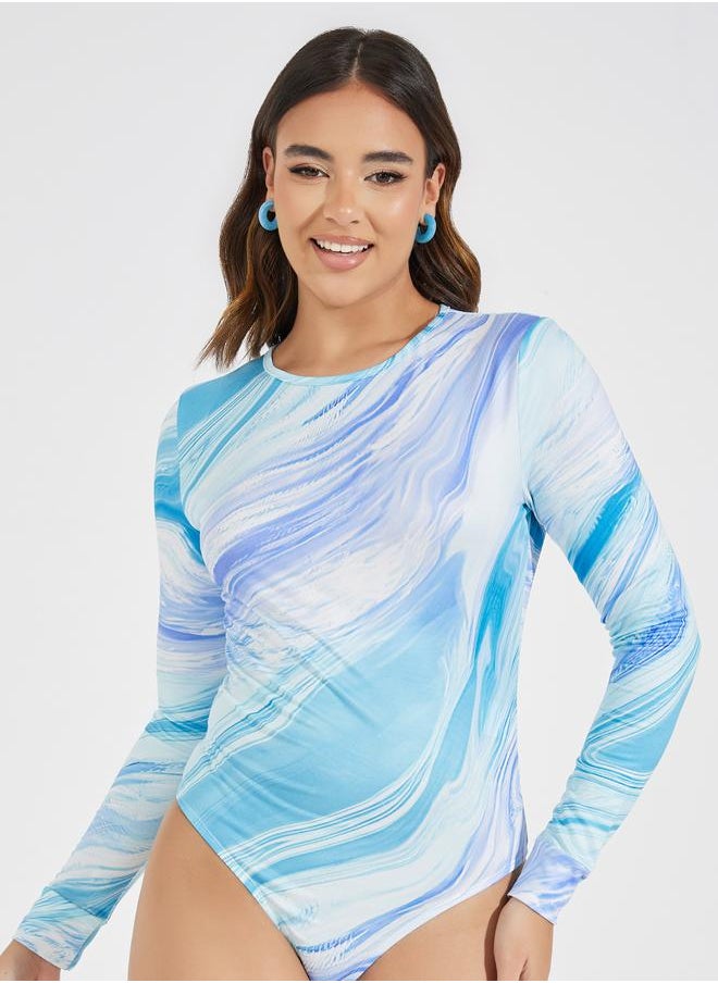Styli Marbled Print Round Neck Bodysuit  - Image 1