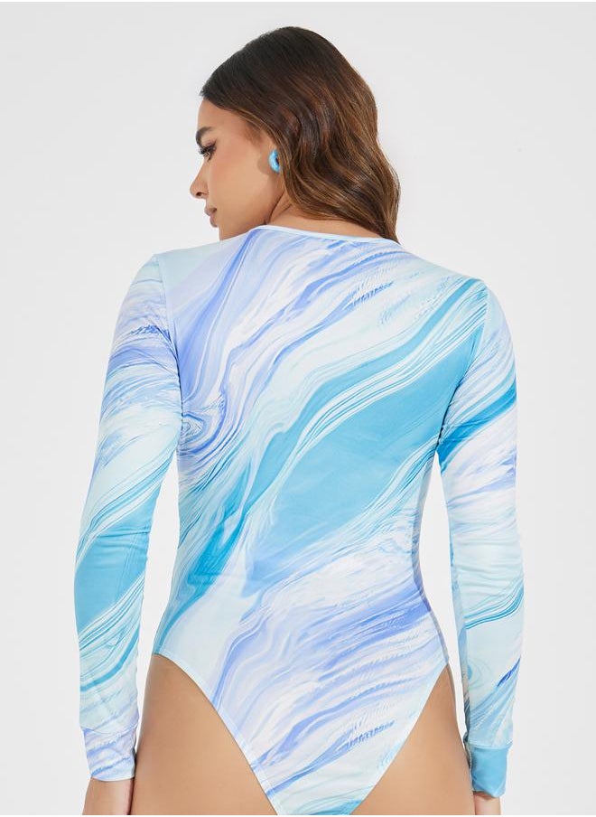 Styli Marbled Print Round Neck Bodysuit  - Image 5