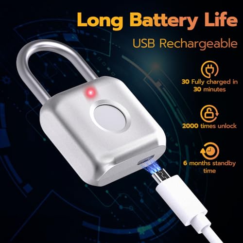 Pothunder Fingerprint Padlock, Smart Padlock, Locker Lock, Biometric Metal Keyless Fingerprint Lock, USB Rechargeable, for Gym Locker, Locker, Luggage, Backpack(Silver) - Image 5