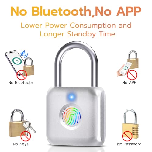 Pothunder Fingerprint Padlock, Smart Padlock, Locker Lock, Biometric Metal Keyless Fingerprint Lock, USB Rechargeable, for Gym Locker, Locker, Luggage, Backpack(Silver) - Image 4