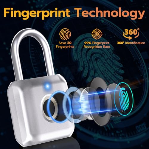Pothunder Fingerprint Padlock, Smart Padlock, Locker Lock, Biometric Metal Keyless Fingerprint Lock, USB Rechargeable, for Gym Locker, Locker, Luggage, Backpack(Silver) - Image 3