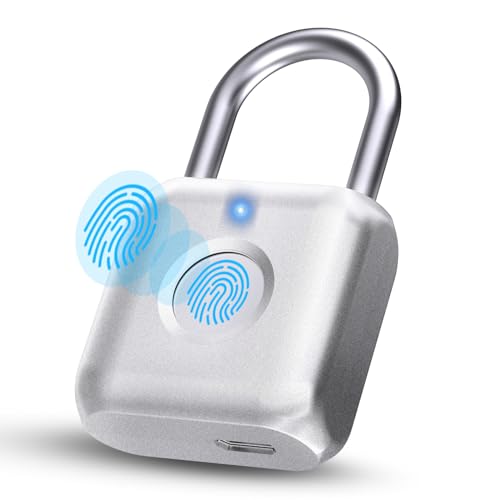 Pothunder Fingerprint Padlock, Smart Padlock, Locker Lock, Biometric Metal Keyless Fingerprint Lock, USB Rechargeable, for Gym Locker, Locker, Luggage, Backpack(Silver) - Image 1