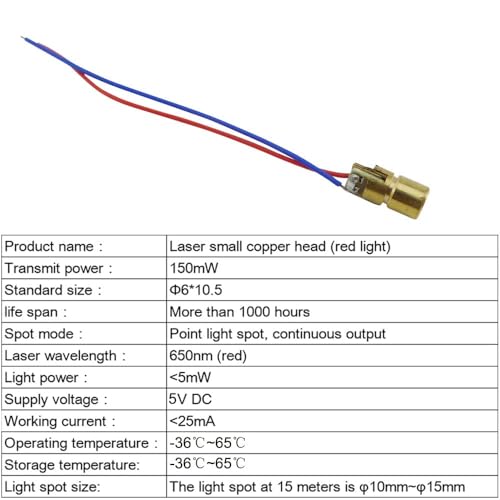Ferwooh 20PCS DC 5V 650nm 5mW 20 mA Red Dot Diode Copper semiconductor laser tube with Leads Head Point Shape Outer Diameter 6mm - Image 3