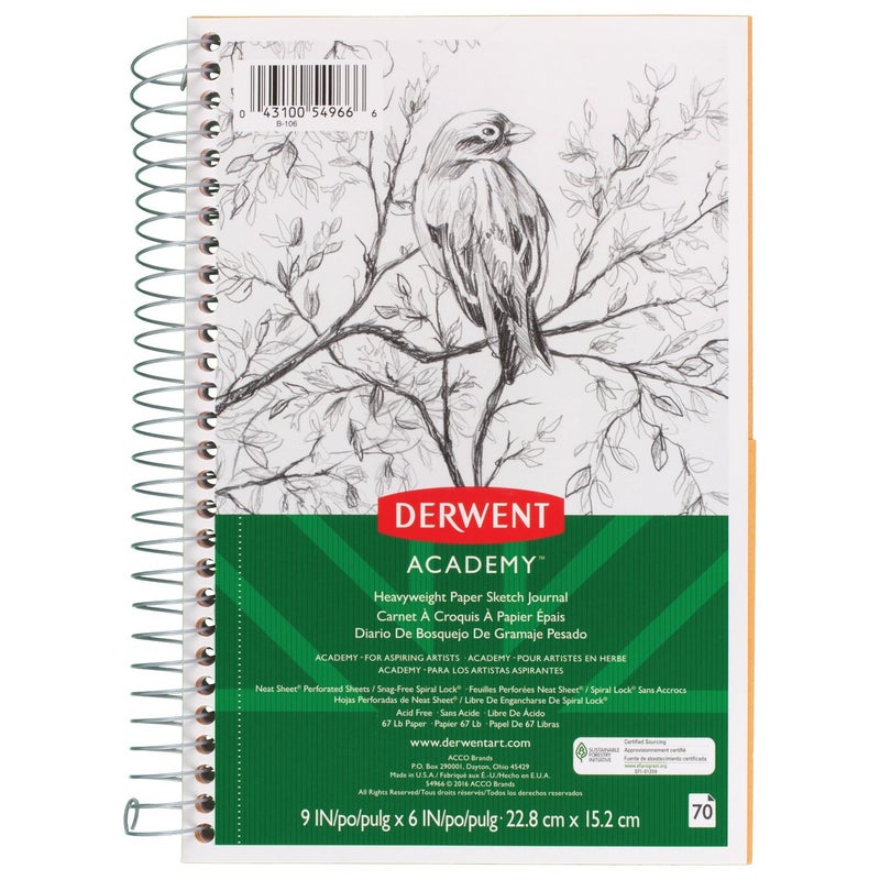 Derwent دفتر رسم ديروينت أكاديمي، مجلد سلكي، 70 ورقة، 9" × 6"، وزن ثقيل (54966)، أبيض - Image 1