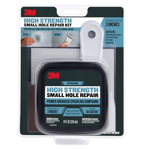 3M High Strength Small Hole Repair Kit, Inlcudes Spackling Compound, Putty Knife, Sanding Sponge, and Self-Adhesive Patch, For Hole Repairs Up To 3" in Diameter, Easy Wall Repair (SHR-KIT) - Image 1