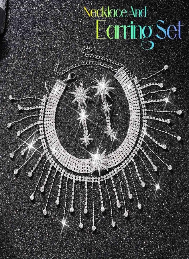 Unicra Silver Star Jewelry Set Rhinestone Wedding Necklace Earrings Set for Women and Brides - Image 2