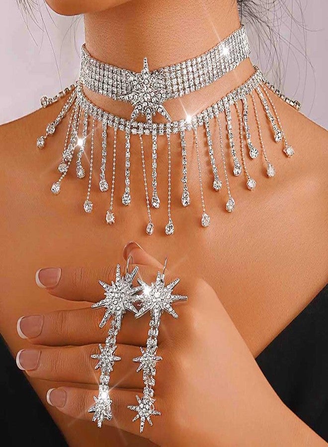 Unicra Silver Star Jewelry Set Rhinestone Wedding Necklace Earrings Set for Women and Brides - Image 3