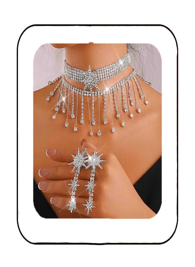 Unicra Silver Star Jewelry Set Rhinestone Wedding Necklace Earrings Set for Women and Brides - Image 1