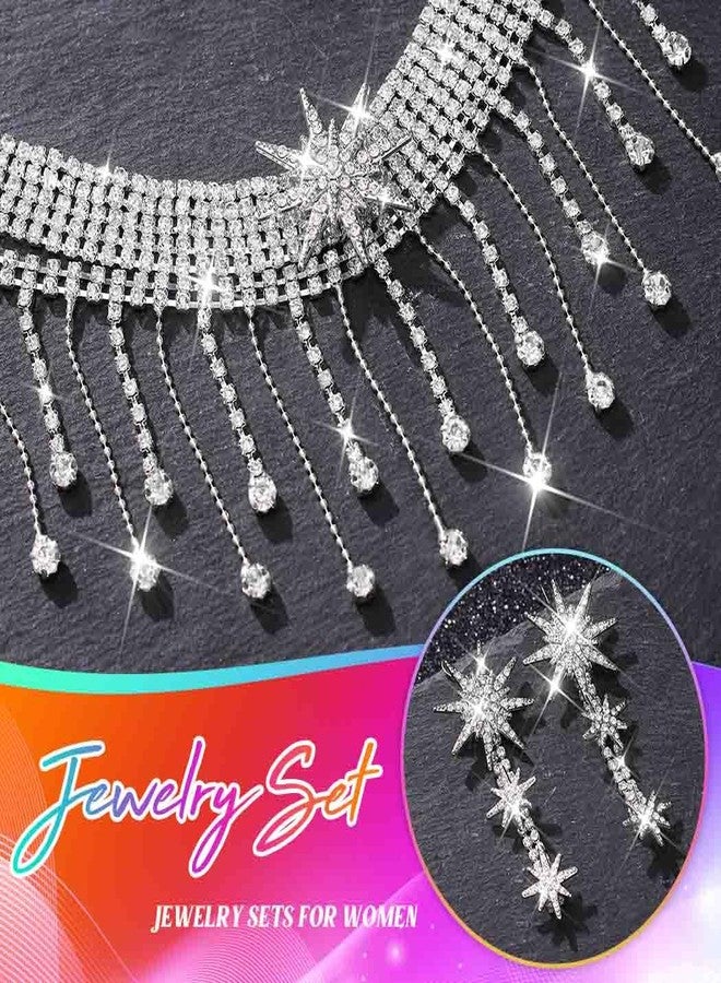 Unicra Silver Star Jewelry Set Rhinestone Wedding Necklace Earrings Set for Women and Brides - Image 5