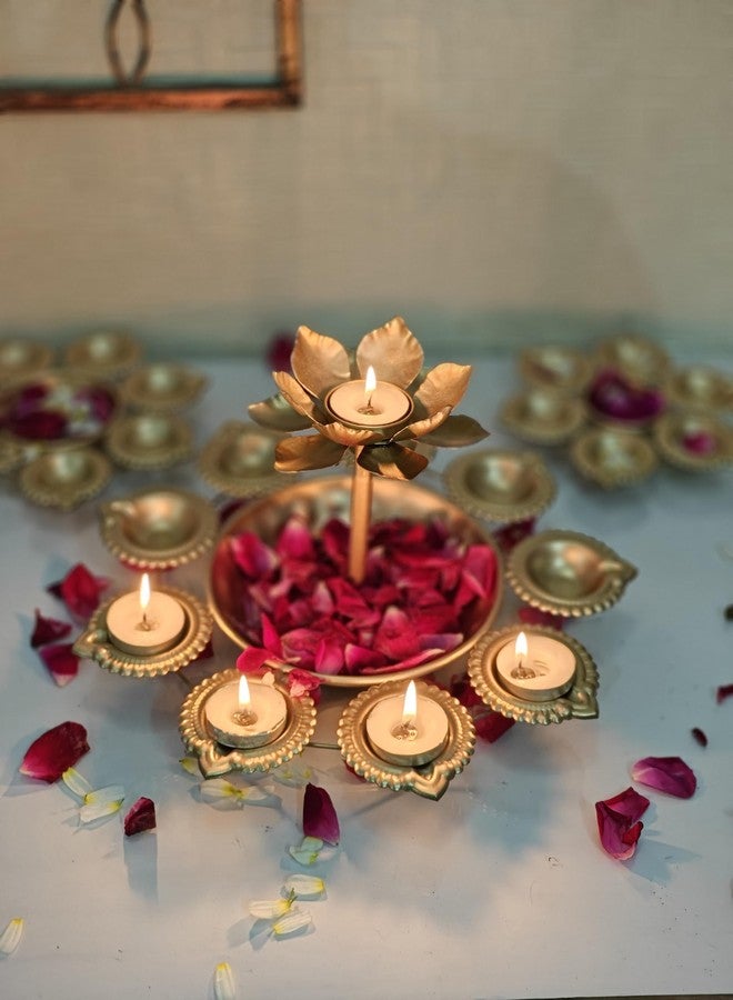 Dream Deco Decorative urli with Diya and Centre Lotus tealight Candle Holder 10 inch Dia - Gold Color. - Image 5