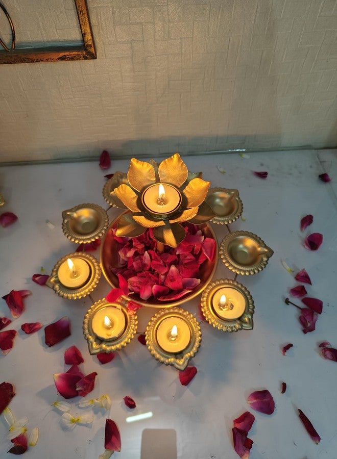 Dream Deco Decorative urli with Diya and Centre Lotus tealight Candle Holder 10 inch Dia - Gold Color. - Image 4