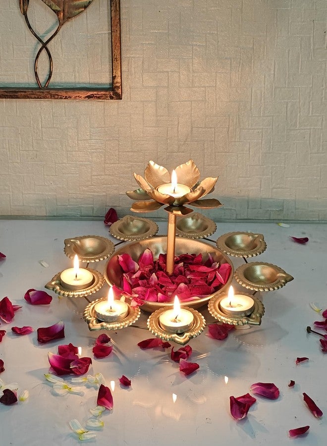 Dream Deco Decorative urli with Diya and Centre Lotus tealight Candle Holder 10 inch Dia - Gold Color. - Image 1