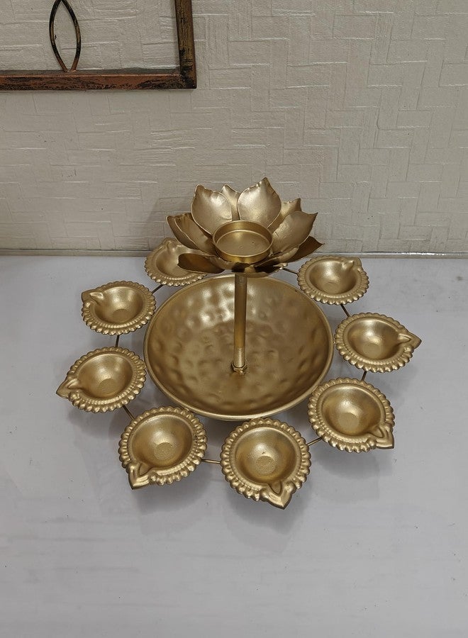 Dream Deco Decorative urli with Diya and Centre Lotus tealight Candle Holder 10 inch Dia - Gold Color. - Image 3