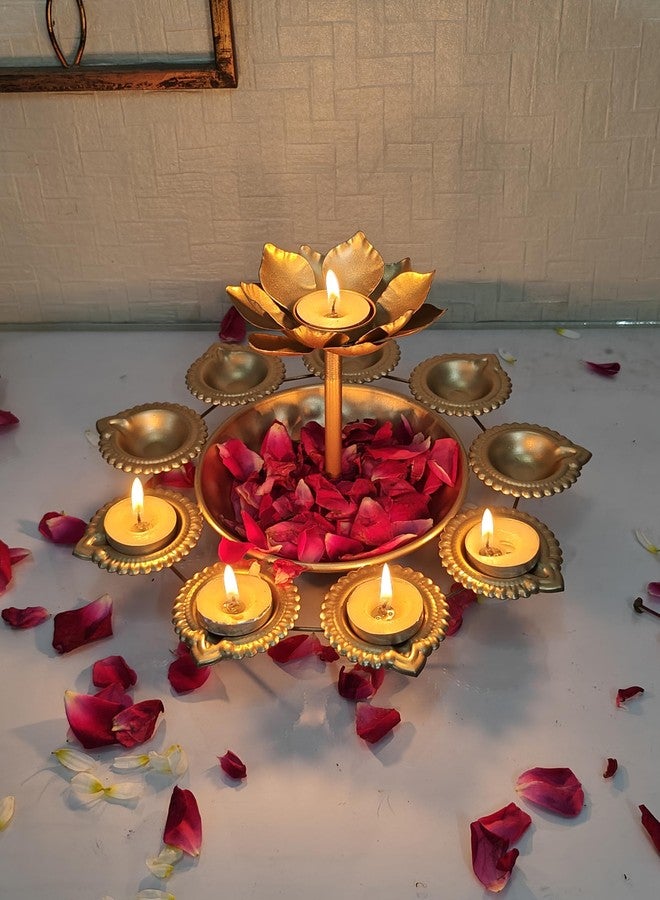 Dream Deco Decorative urli with Diya and Centre Lotus tealight Candle Holder 10 inch Dia - Gold Color. - Image 2