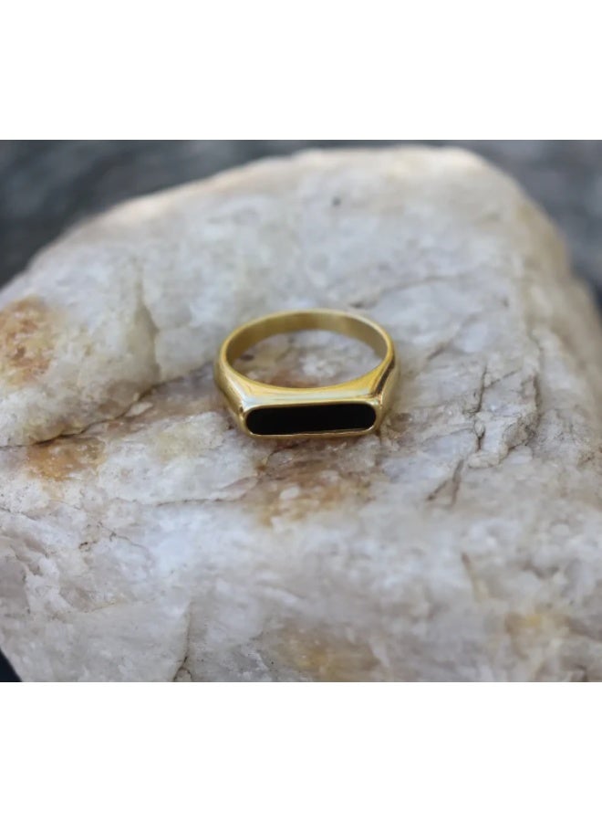 WARD MANIKAN Women's Ring Stainless Steel Gold Plated Signet Ring with Black Onyx Inlay Oval Shape Classic Band Style - Image 2