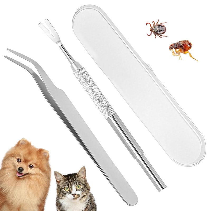 SQUISHCO 2Pcs Ticks and Fleas Remover for Dogs, Stainless Steel Tick Removal Tool Set with Storage Box, Safe and Effective Pet Grooming Tools for Cats and Dogs - Image 1