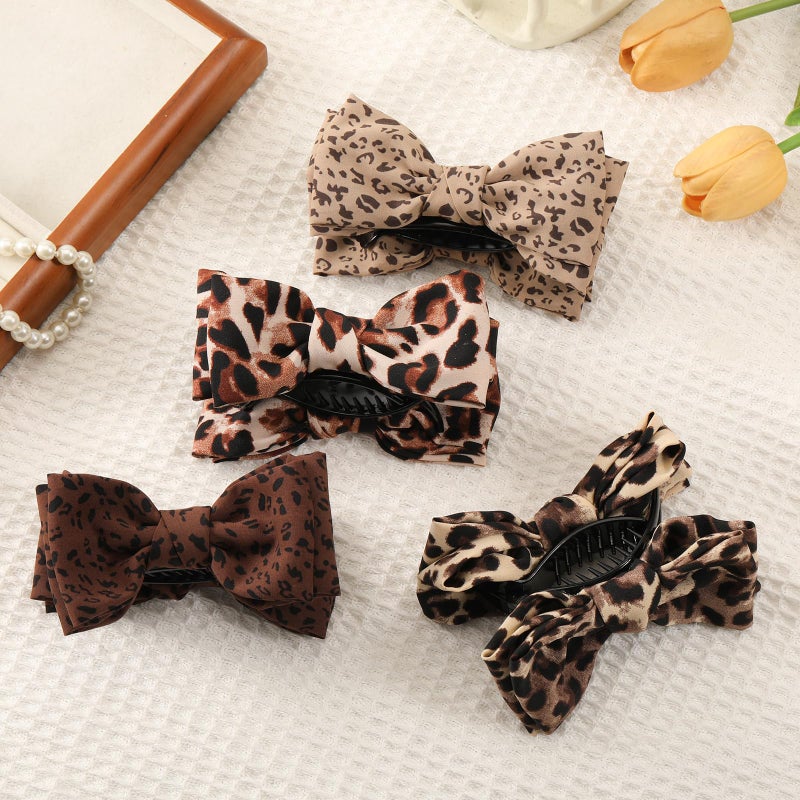 Auseibeely 4 Pcs Leopard Print Bow Claws Clips for Women - Decorative Bowknot Hair Clips for Ponytails/Half-Updo/Bun, Cheetah Elegant Polyester Bow Hair Clips - Image 3