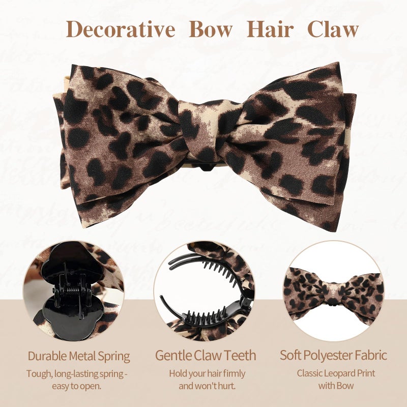 Auseibeely 4 Pcs Leopard Print Bow Claws Clips for Women - Decorative Bowknot Hair Clips for Ponytails/Half-Updo/Bun, Cheetah Elegant Polyester Bow Hair Clips - Image 5