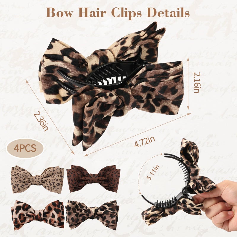 Auseibeely 4 Pcs Leopard Print Bow Claws Clips for Women - Decorative Bowknot Hair Clips for Ponytails/Half-Updo/Bun, Cheetah Elegant Polyester Bow Hair Clips - Image 2