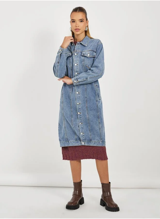 Styli Regular Fit Knee Length Denim Jacket