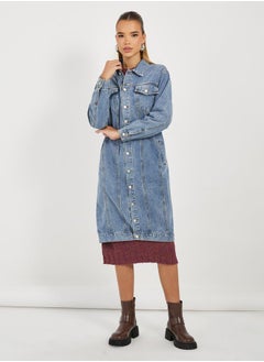 Styli Regular Fit Knee Length Denim Jacket  - Image 3