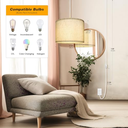 WimiSom Plug in Pendant Light,15 FT Hanging Lamp with Plug in Cord, Dimmable Switch, Pendant Lighting with Fabric Shade, Hanging Light Fixture for Living Room, Bedroom, Dining Room, Kitchen - Image 3