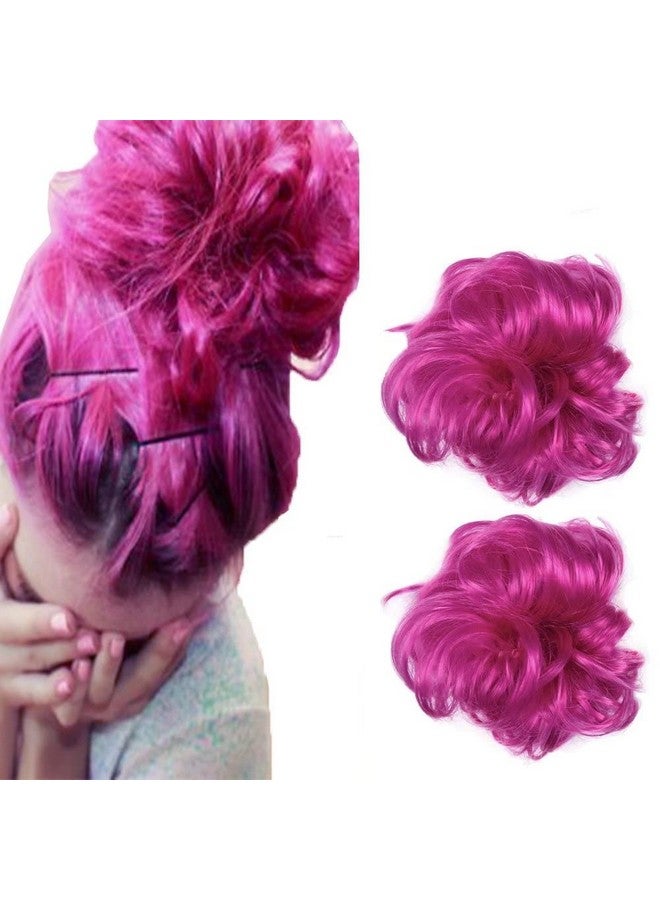 iLUU Luu Hot Pink Color Messy Hair Bun Chignons Synthetic Hair Extensions Wavy Updo Scrunchy Hairpieces Hair Extension For Beauty Women Girls Ladies Party Cosplay 2Pcs 8D - Image 1