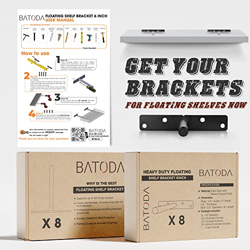 BATODA - 6" Floating Shelf Bracket Heavy Duty (8 pcs)-Solid Steel Blind Shelf Supports - Hidden Brackets for Floating Wood Shelves - Blind Shelf Support - Shelving Mounting Hardware Included (Pack 8) - Image 3