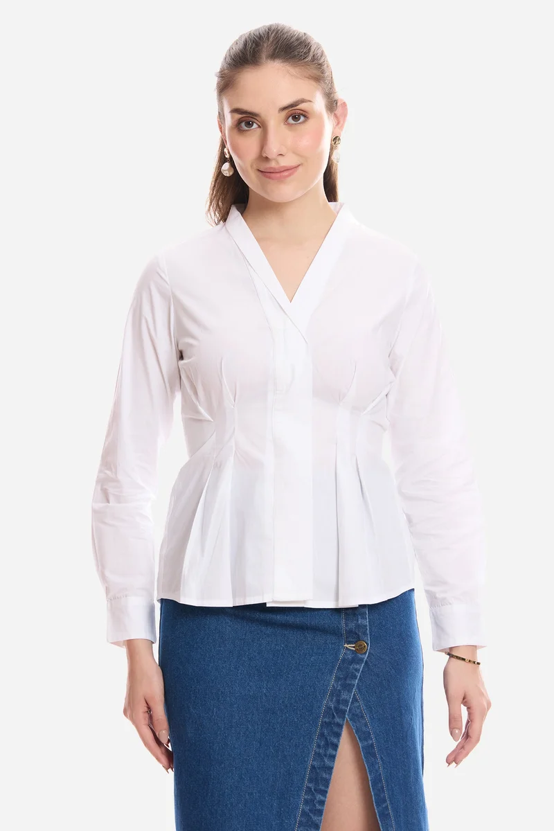 فيرجيو Solid Cotton Pleated Fit & Flare Shirt for Women