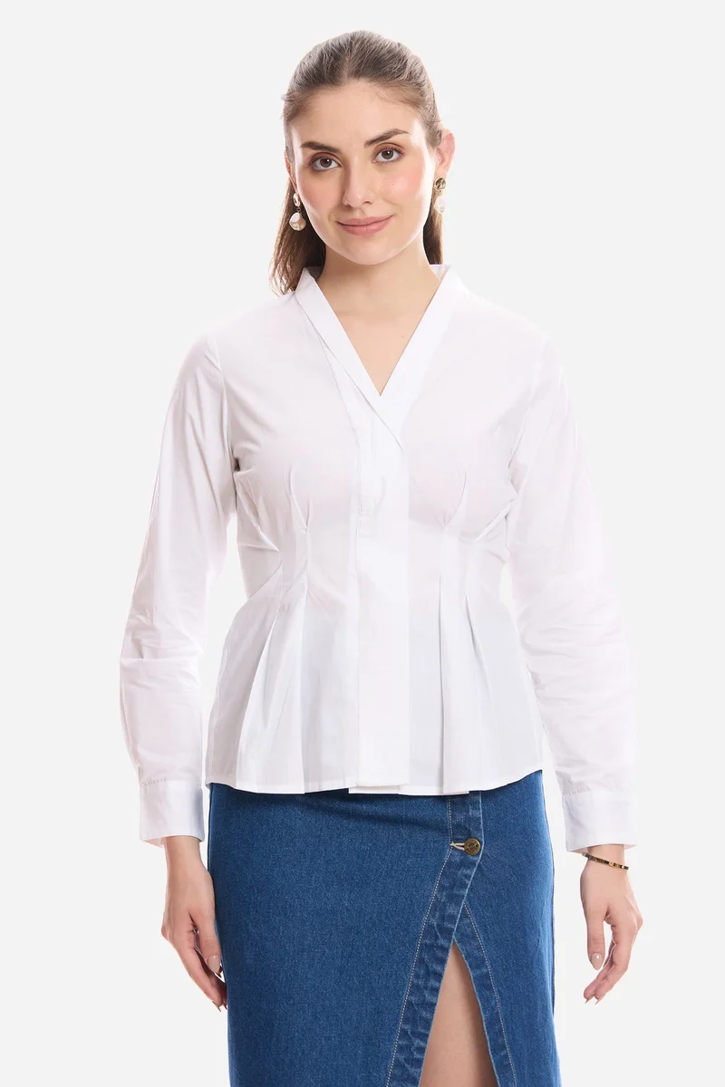 فيرجيو Solid Cotton Pleated Fit & Flare Shirt for Women