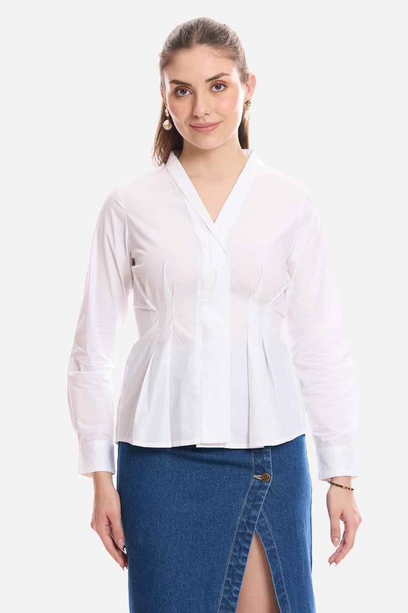 Virgio Solid Cotton Pleated Fit & Flare Shirt for Women - Image 1