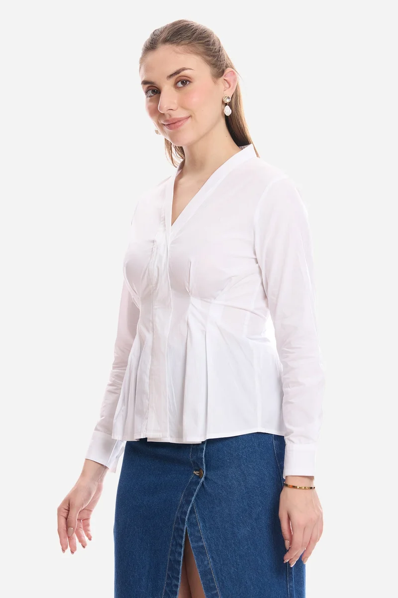 Virgio White Solid Cotton Pleated Fit & Flare Shirt for Women for Women | Best Price UAE