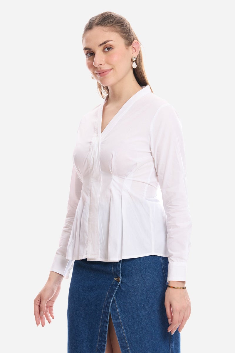 Virgio Solid Cotton Pleated Fit & Flare Shirt for Women - Image 3
