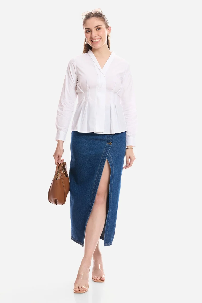 فيرجيو Solid Cotton Pleated Fit & Flare Shirt for Women