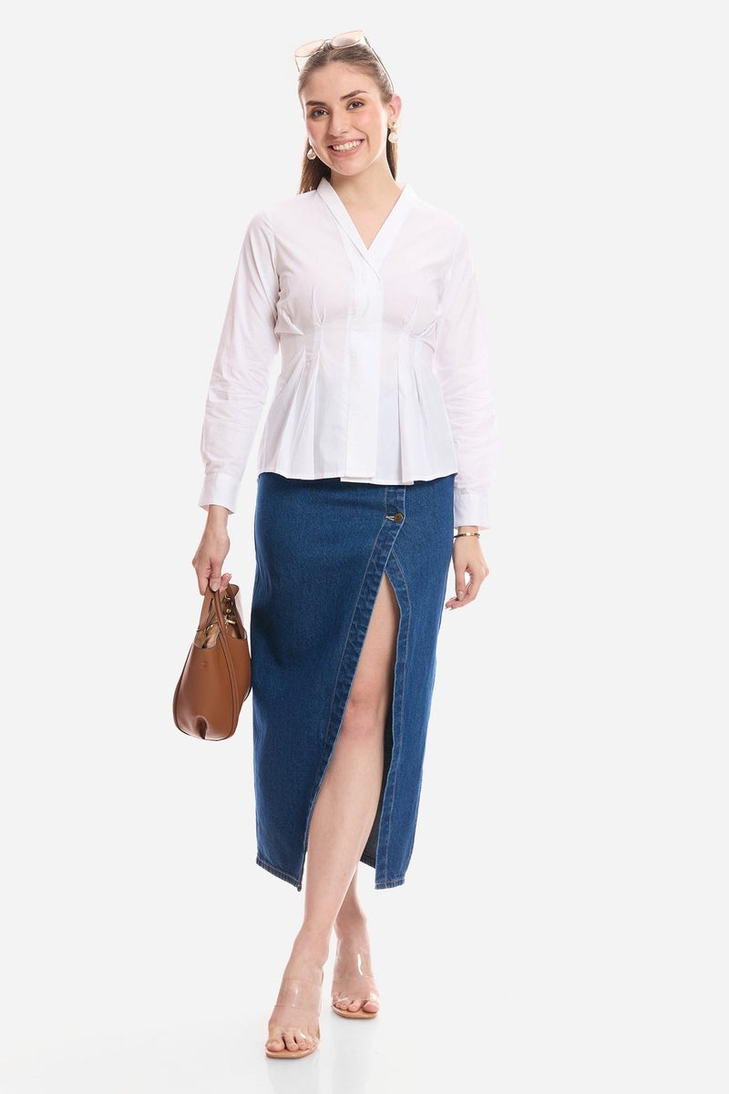 Virgio Solid Cotton Pleated Fit & Flare Shirt for Women - Image 2