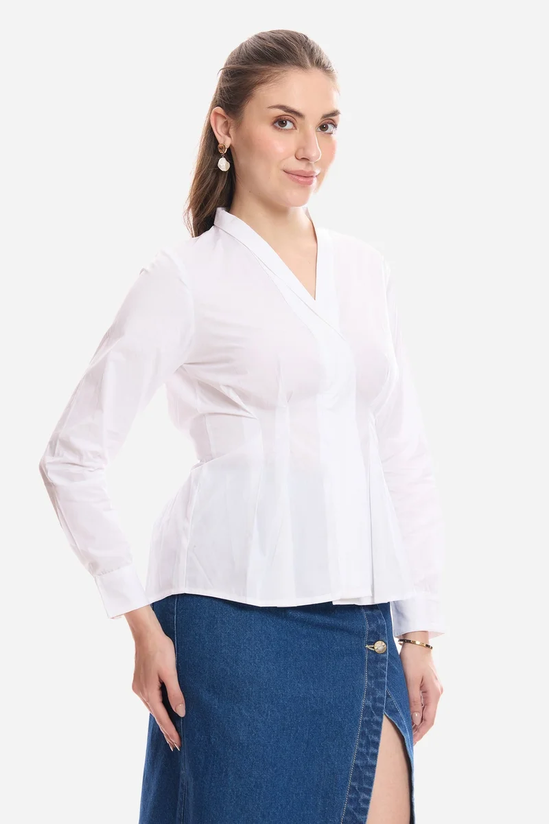 Virgio White Solid Cotton Pleated Fit & Flare Shirt for Women for Women | Best Price UAE