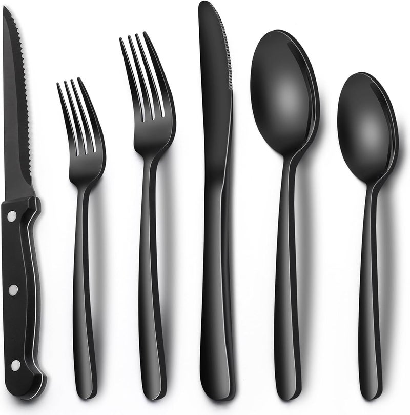 EWFEN Black Heavy Duty Silverware Set, 24-Piece Stainless Steel Flatware Set with Steak Knives for 4, Food-Grade Tableware Cutlery Set, Utensil Sets for Home Restaurant, Mirror Finish, Dishwasher Safe - Image 1
