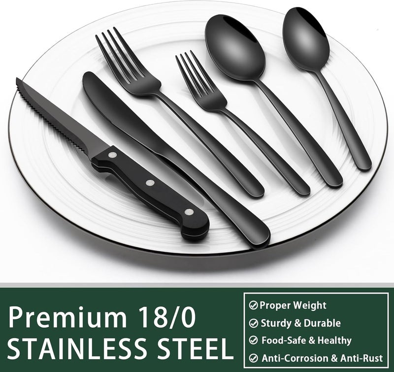 EWFEN Black Heavy Duty Silverware Set, 24-Piece Stainless Steel Flatware Set with Steak Knives for 4, Food-Grade Tableware Cutlery Set, Utensil Sets for Home Restaurant, Mirror Finish, Dishwasher Safe - Image 5