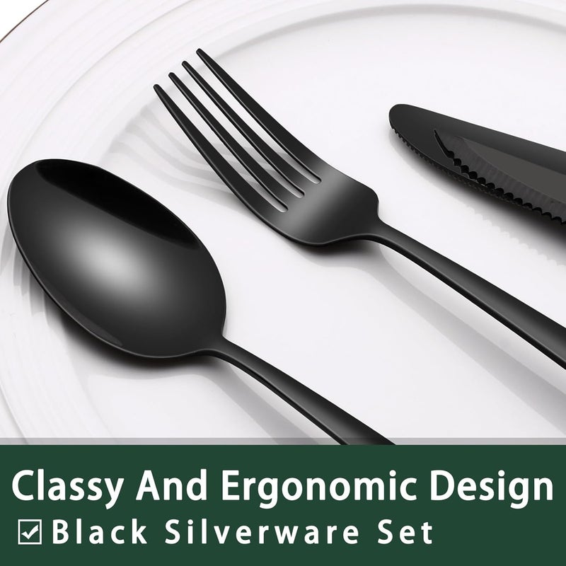 EWFEN Black Heavy Duty Silverware Set, 24-Piece Stainless Steel Flatware Set with Steak Knives for 4, Food-Grade Tableware Cutlery Set, Utensil Sets for Home Restaurant, Mirror Finish, Dishwasher Safe - Image 3