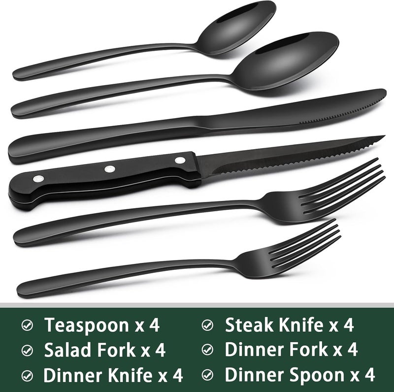 EWFEN Black Heavy Duty Silverware Set, 24-Piece Stainless Steel Flatware Set with Steak Knives for 4, Food-Grade Tableware Cutlery Set, Utensil Sets for Home Restaurant, Mirror Finish, Dishwasher Safe - Image 2